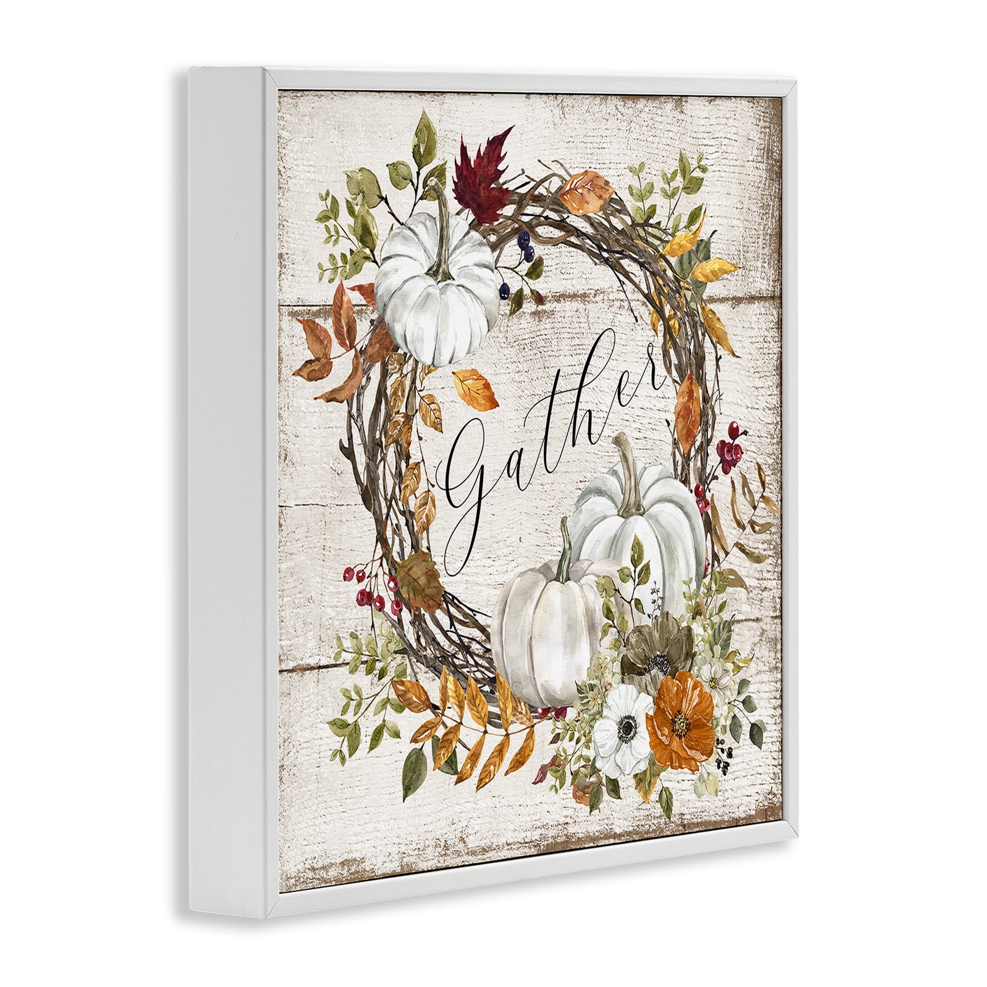 Stupell Industries Gather Autumnal Wreath Holiday Painting White Framed Art Prints Wall Art, 24 x 24