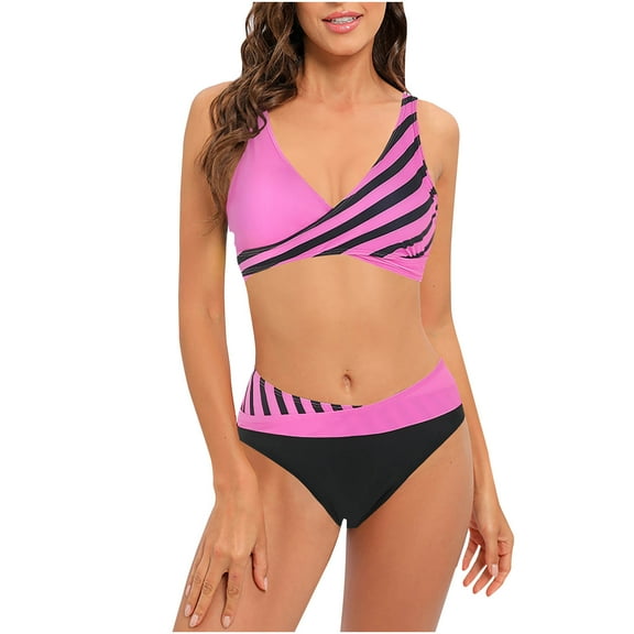 2025 Clearance Items under $5 asdoklhq womens plus size swimsuits,Summer Women's Split Stripe High Waist Open Back Hollow Bikini Swimsuit