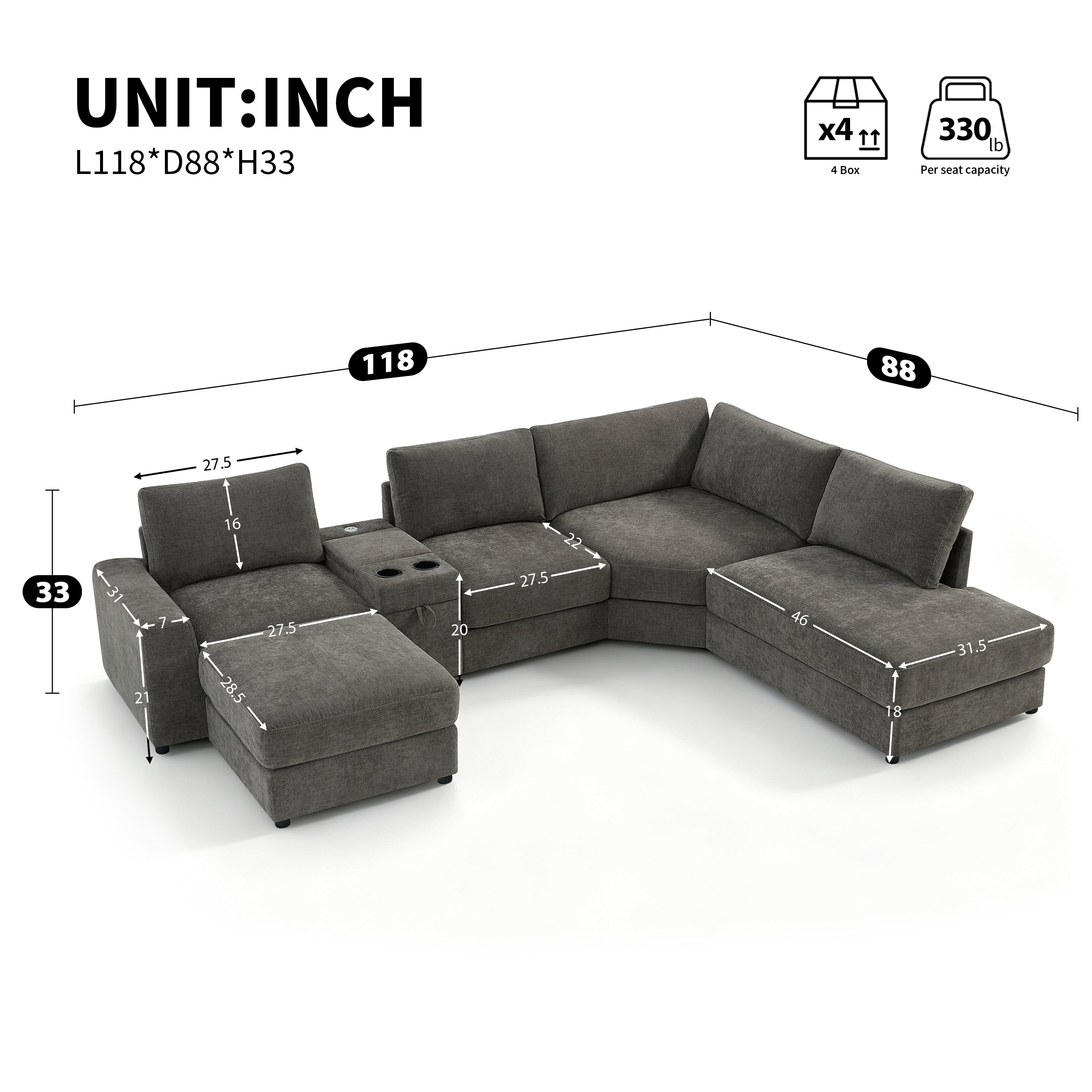 GARITIN 6 Seat U Shaped Modular Sectional Sofa 118 Inch, Oversized Chenille Couch with Ottoman and Storage Console with USB Charging, Gray