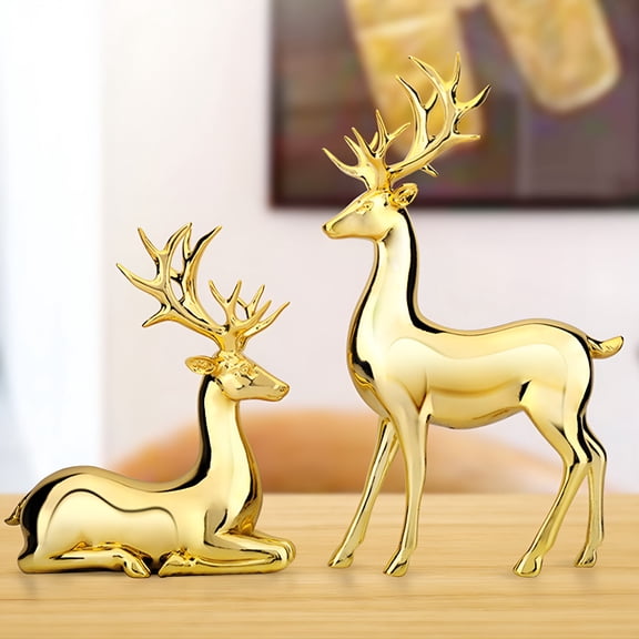 XIBUFE 2026 New 2Pcs Small Christmas Deer Figurines Resin Couple Reindeer Decor Tabletop Decorations Sitting & Standing Elk Sculpture Statues Gold Reindeer Christmas Decoration