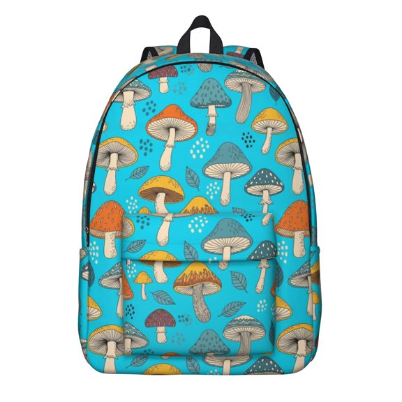 Mushroom and Leaf Blue Pattern Backpack for School, Cute School Bag with Adjustable Shoulder Straps and Padded Back, 15.7"x11.8"x5.5"
