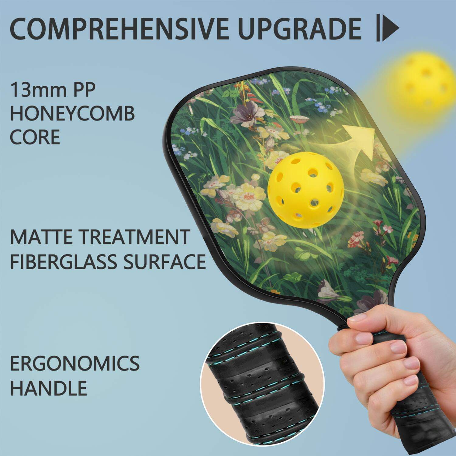 Pickleball Paddles Set Of 1, Fiberglass Surface, Vintage Floral Print, 1 Paddle, 2 Balls & Bag