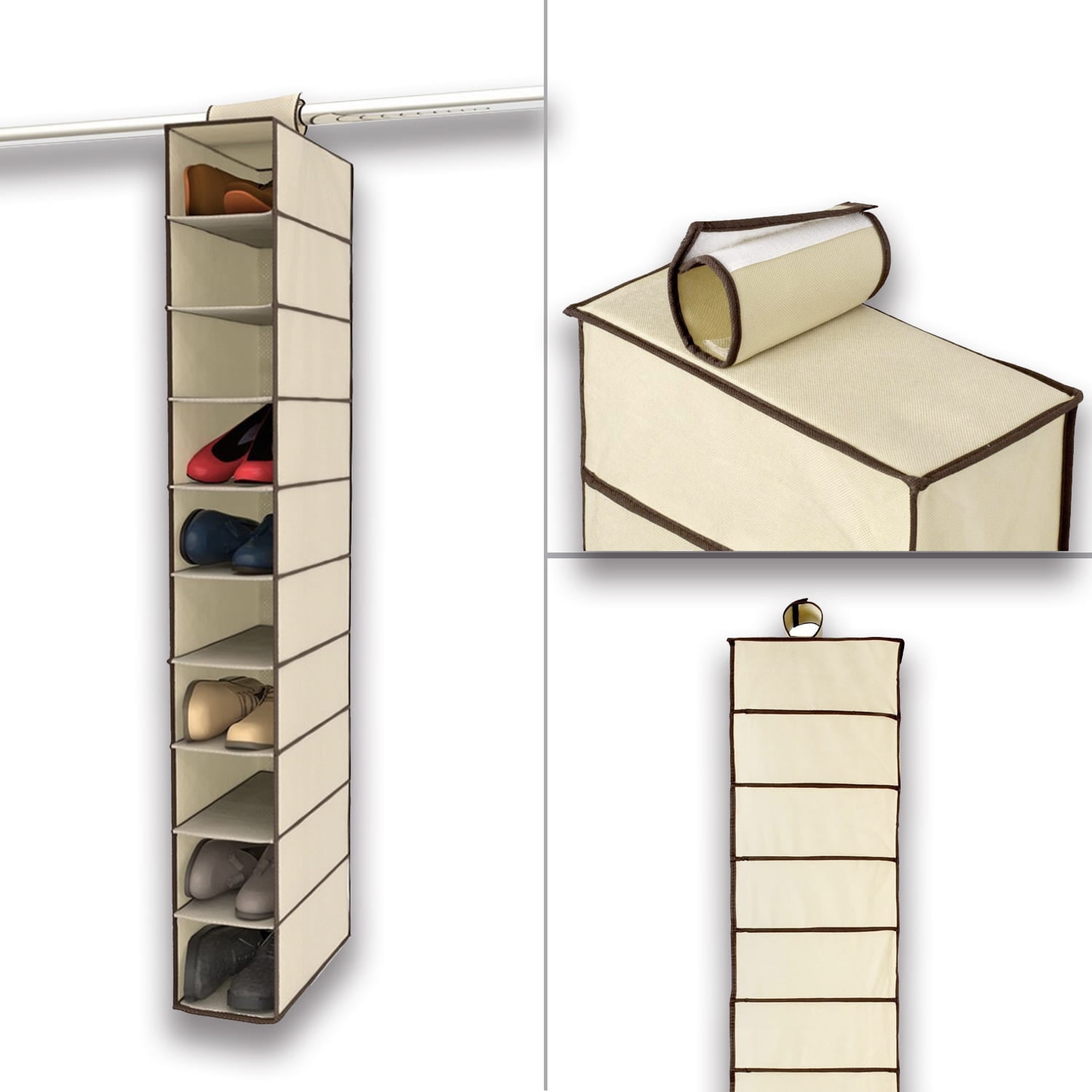 ZOBER 10-Shelf Hanging Shoe Organizer Breathable Polypropylene 10 Mesh Pockets for Accessories 2 Pack, Black 5 ½” x 10 ½” x 54” Shoe Holder for Closet