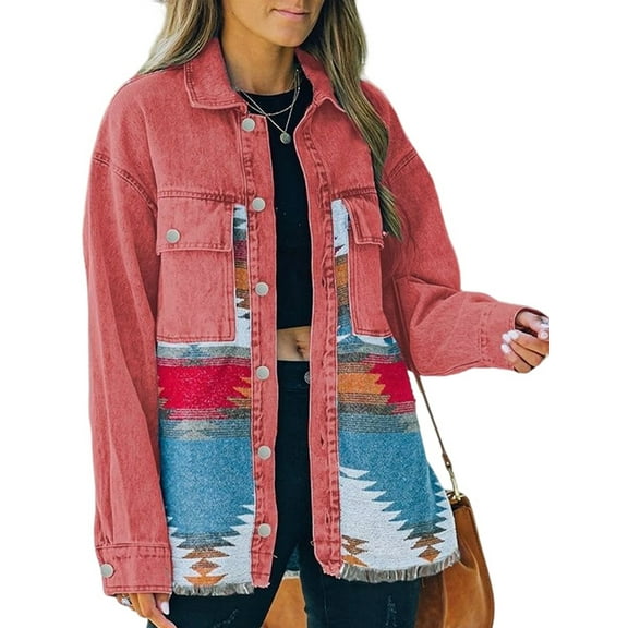 Women'S Loose Lapel Long-Sleeved Denim Patchwork Jacket Retro Raw Edge Mid-Length Jacket Rose Red S