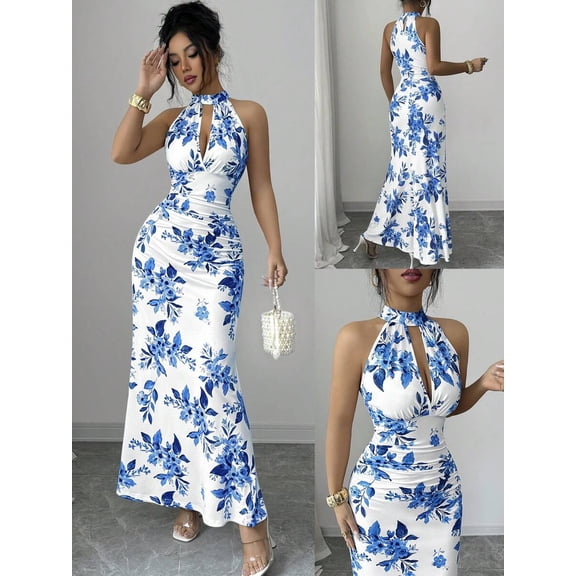 Blue Floral Print Halter Neck Maxi Dress, Waist-Cinched Bodycon Style, Elegant Evening & Daywear