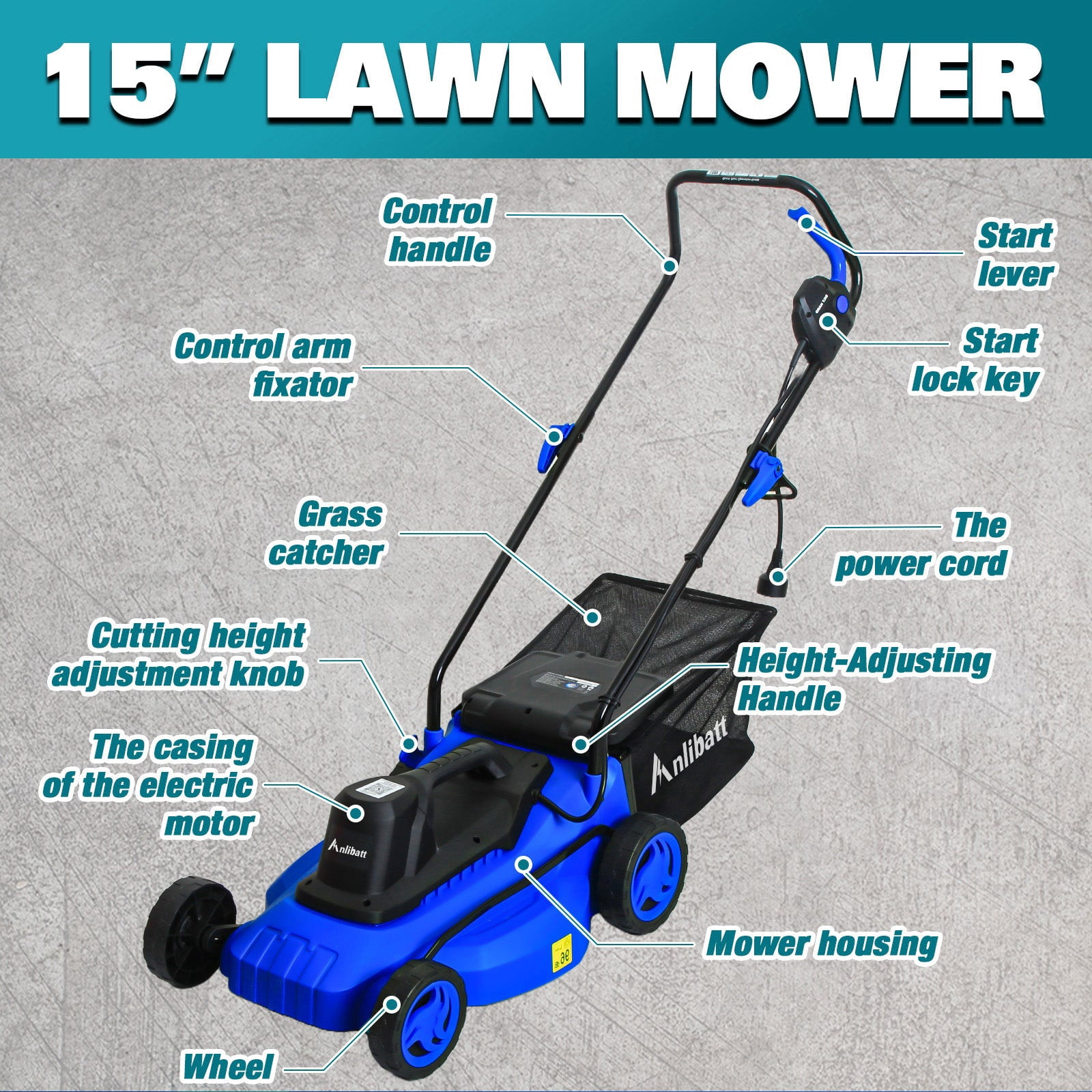 ANLIBATT 15 Inch Corded Electric Push Lawn Mower With 9.2 Gallon Collection Bag, 5-Position Height Adjustment, Lightweight for Yard & Garden