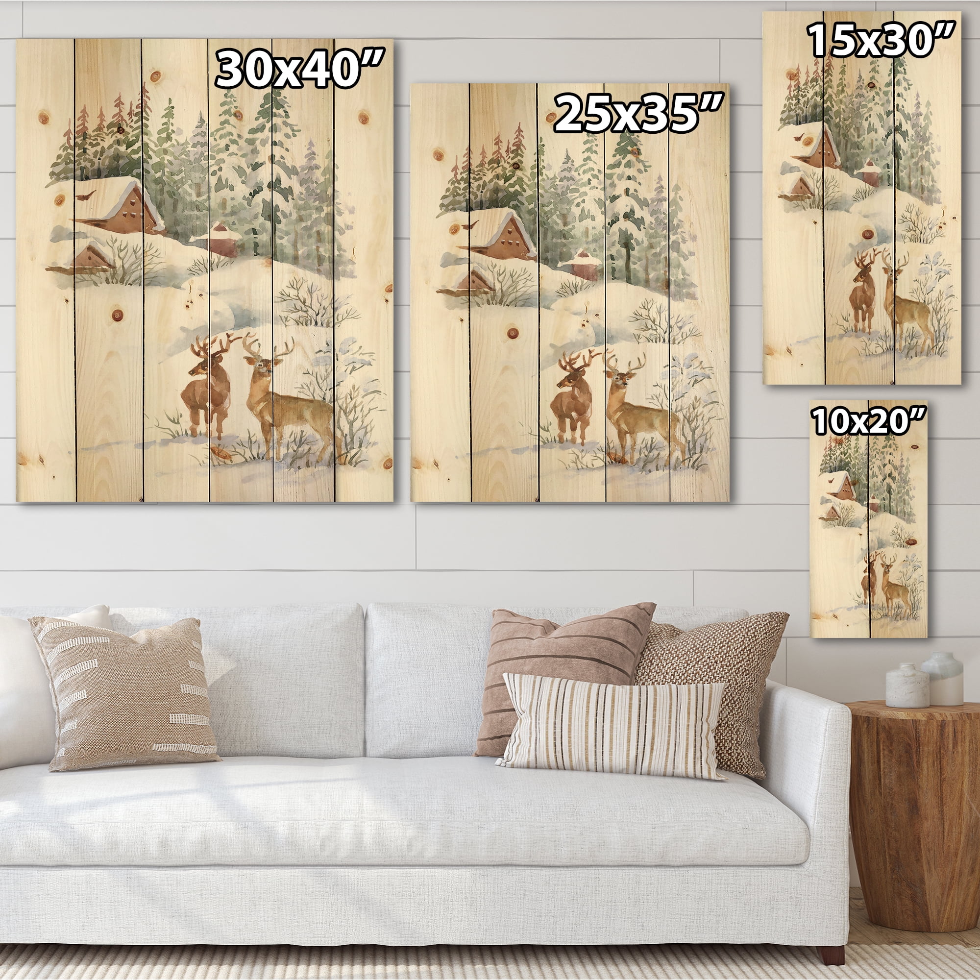 Designart 'Two Deers With Winter Cottage' Farmhouse Print on Natural Pine Wood
