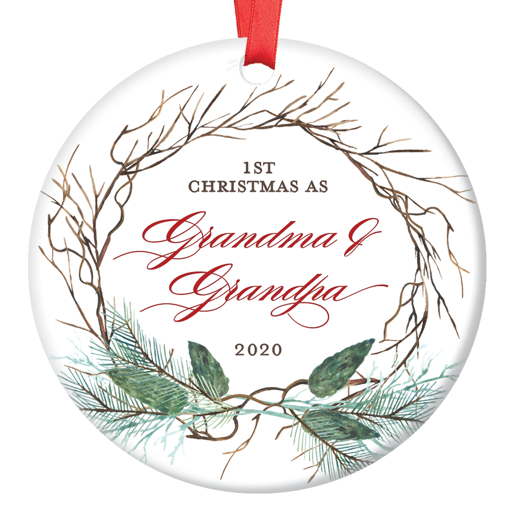New Grandparents Christmas Ornament, 2020 Ornament for New Grandma & Grandpa, First Xmas Newborn Baby's 1st Christmas Ceramic Present 3" Flat Circle Porcelain with Red Ribbon & Free Gift Box | OR00419 - image 1 of 2