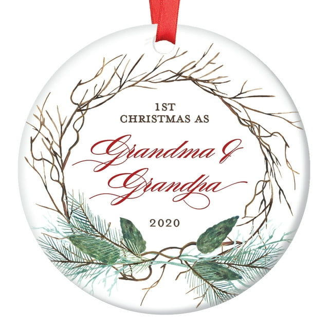 New Grandparents Christmas Ornament, 2020 Ornament for New Grandma & Grandpa, First Xmas Newborn Baby's 1st Christmas Ceramic Present 3" Flat Circle Porcelain with Red Ribbon & Free Gift Box | OR00419