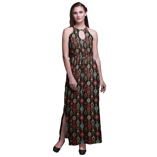 Bimba Robe Longue Sans Manches à Col Rond Ikat pour Femmes avec Fentes Latérales - Petite