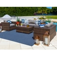 thumbnail image 3 of Sorrento 4-Piece XL Resin Wicker Outdoor Patio Furniture Conversation Sofa Set in Brown w/ Three-seat Sofa, Loveseat Sofa, and Coffee Table (Flat-Weave Brown Wicker, Polyester Light Gray), 3 of 9