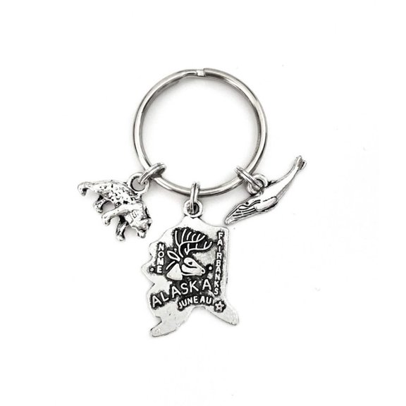 Alaska themed keychain. Includes State of Alaska, Kodiak Bear, and Humpback Whale chains. Alaskan Outdoors Key Ring Identifier.