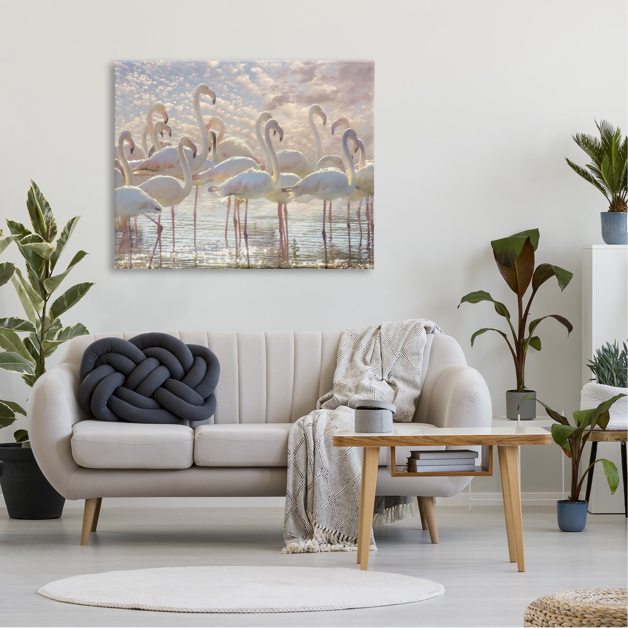 Stupell Industries Pretty Pink White Flamingos Standing Sparkling Water Clouds , 48 x 36, Design by Steve Hunziker
