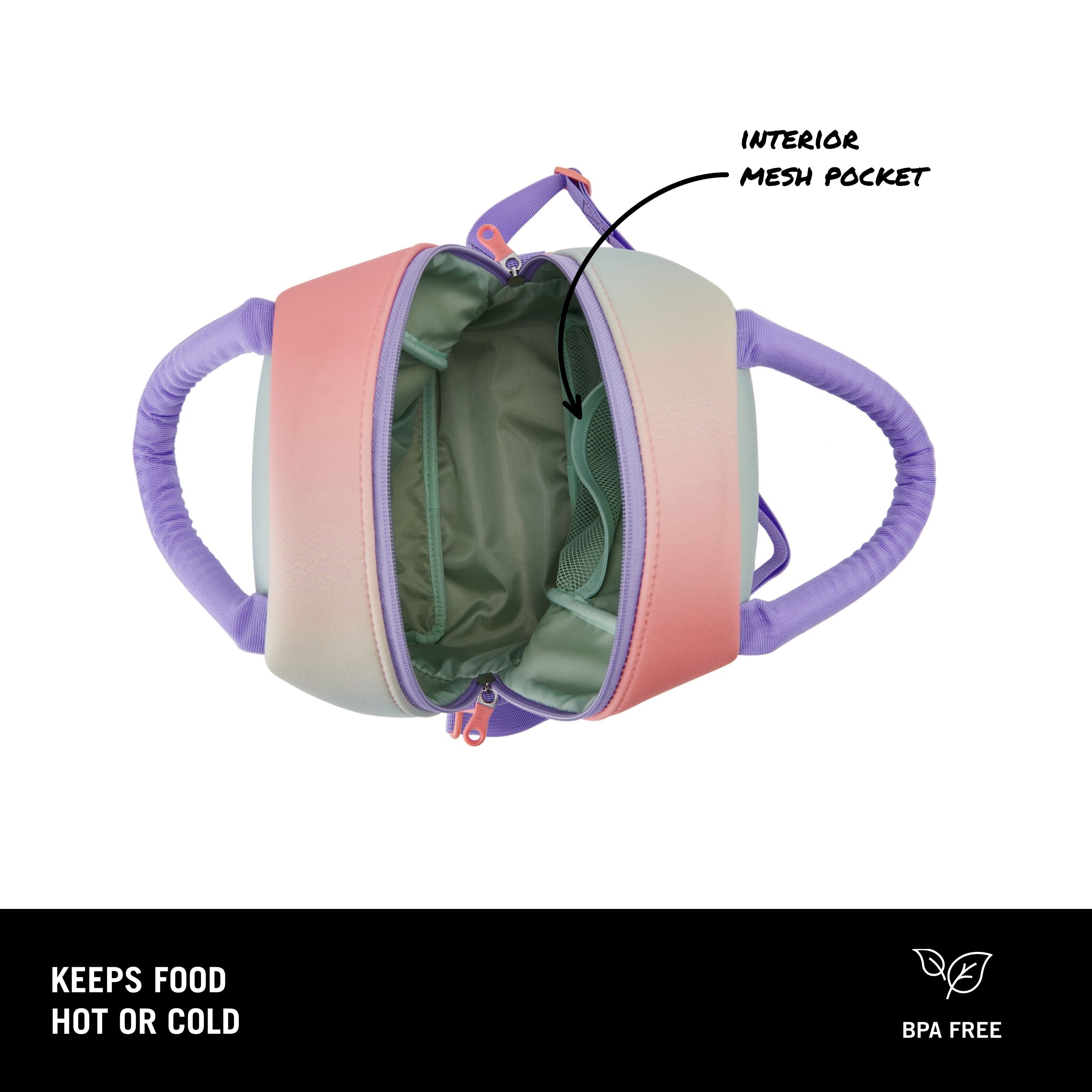 BUILT Neoprene Reusable Kid's Lunch Bag Ombre Coral, Mint, Lavender