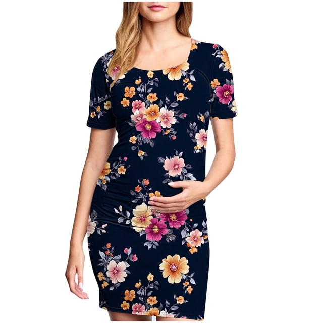 yoeyez Robes de Maternité pour Femmes Rose à Manches Courtes Col Rond Robe à Imprimé Floral Robes de Maternité Formelles de Fête Vêtements de Grossesse en Solde Multicolore,G