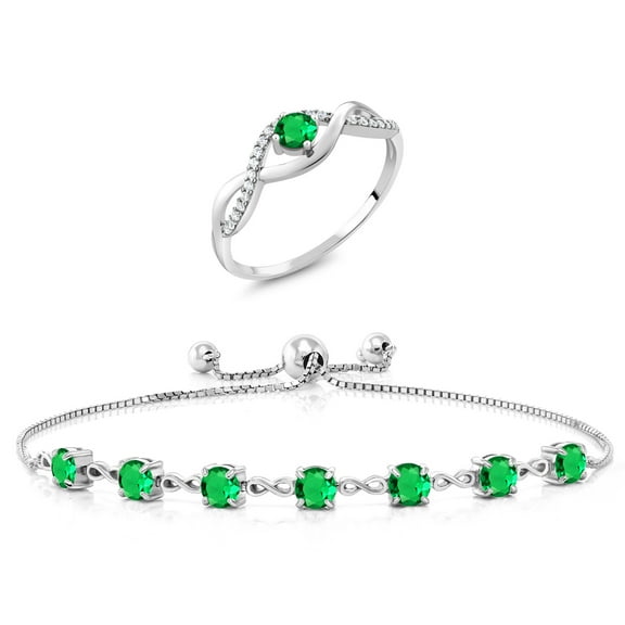 Gem Stone King 3.41 Ct Round Green Nano Emerald 925 Sterling Silver Ring and Bracelet Jewelry Set (Size 6)