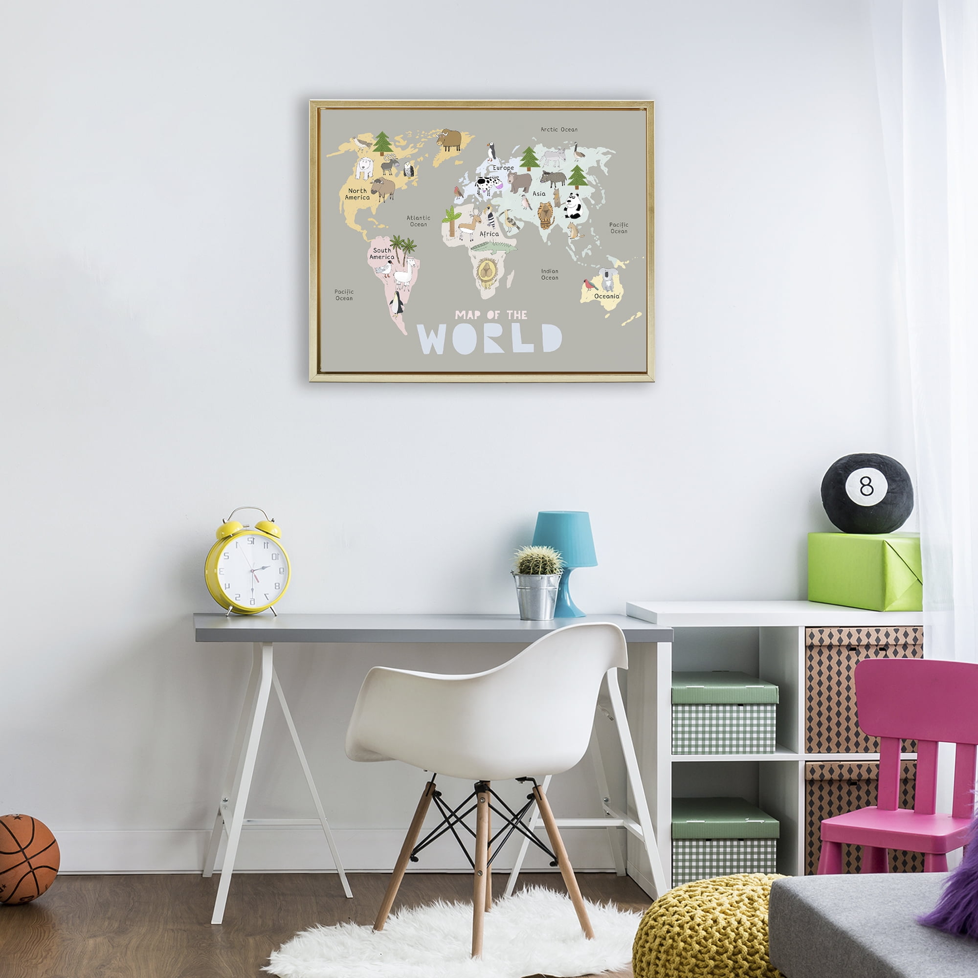 Kid's Map Of World Grey Gold Framed Floater Canvas Wall Art, design by Carla Daly