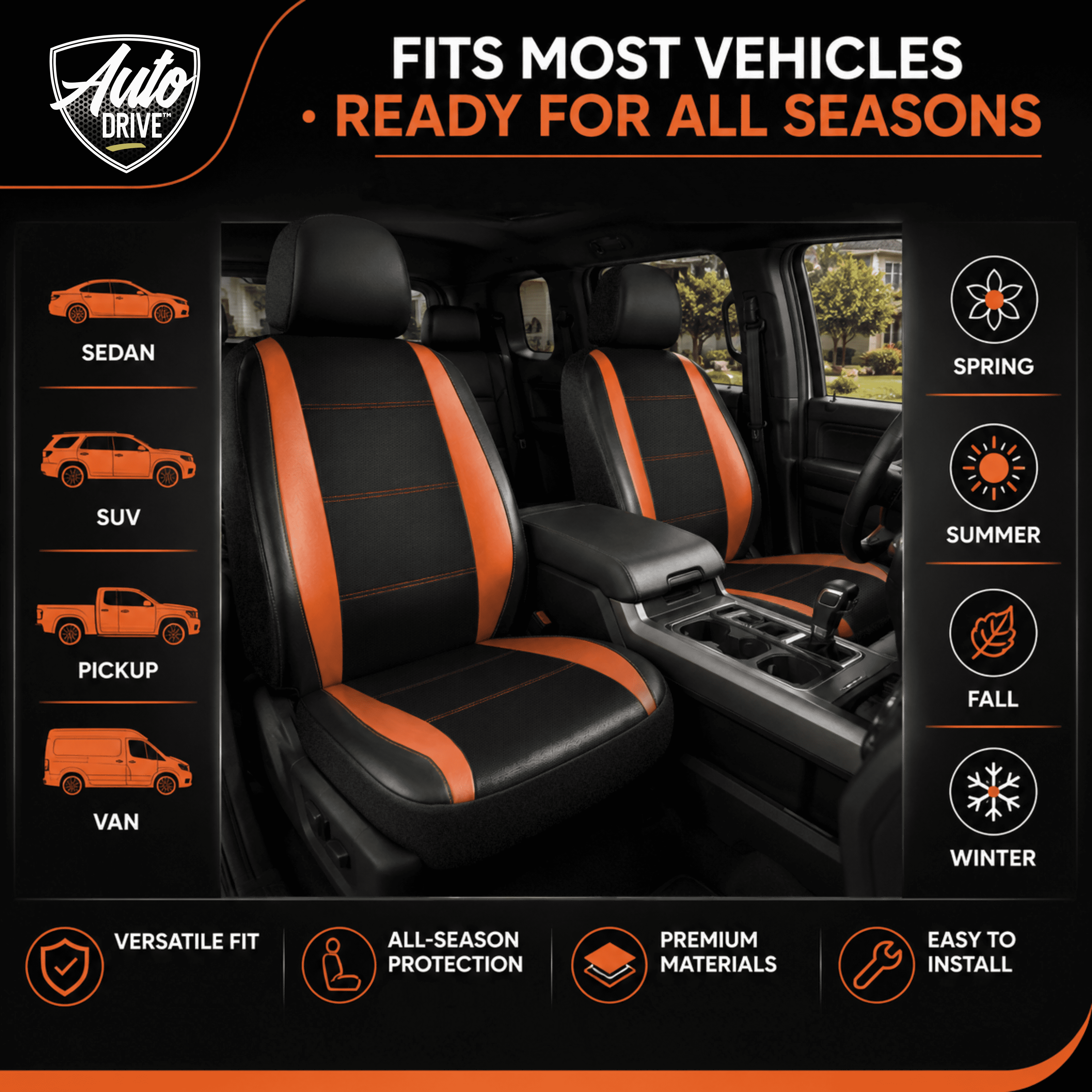 Auto Drive Car Seat Covers, Two-Tone Fabric Front Seat Protector, Breathable Comfortable, Anti-Slip Airbag Compatible Universal Fit for Cars SUVs Trucks,Orange