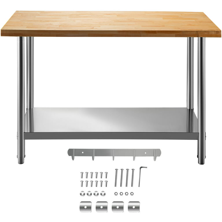 VEVOR Maple Top Work Table 36 x 30 in. Stainless Steel Kitchen Prep Table Wood with Lower Shelf Kitchen Utility Table, Silver