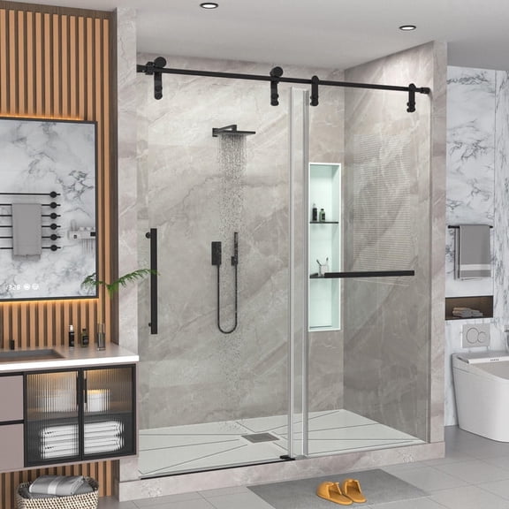 Gotland 56-60" W x 75" H Frameless Shower Door, Sliding Shower Door with 5/16" (8mm) Clear SGCC Tempered Glass Stainless Steel Hardware Waterproof Seal Explosion-Proof Film, Glass Shower Door