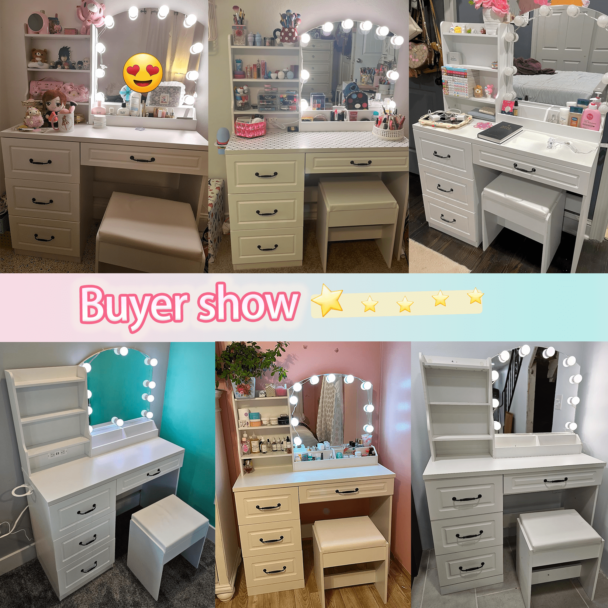 VEANERWOOD Vanity Desk Set with Lights and Power Strip,4 Drawers Vanity Set Makeup Table, 3 Lighting Colors, White