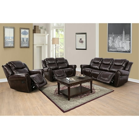 Maykoosh Global Glam Furniture Bonded Leather Sectional Sofa Set With Sofa,Loveseat And Chair,For Living Room, Apartment, Studio, Office (Espresso)