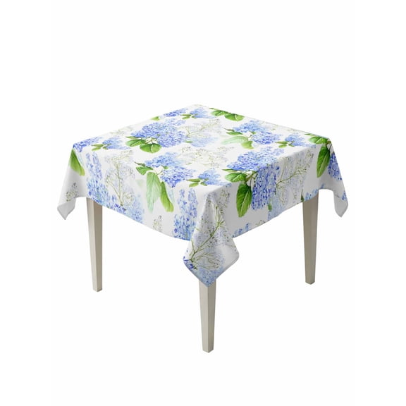 Summer Hydrangeas Table Cloth, White Blue Flowers Pastoral Leaves Waterproof Tablecloth for Square Tables, Reusable Washable Fabric Table Cover for Restaurant Kitchen Dining Tables 54"x54"