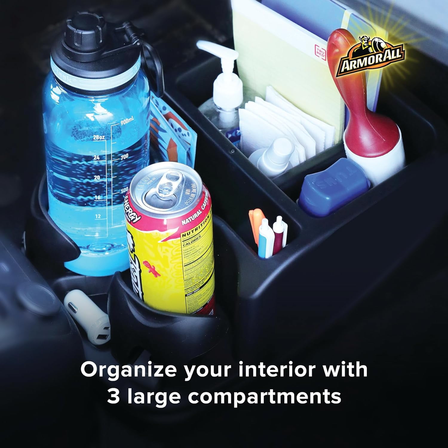 Armor All Car Console Organizer, Car Seat Organizer with 2 Adjustable Cup Holders, 3 Large Storage Compartments, Seatbelt for Secure Hold, Vehicle Middle Seat Organizer for Cars, Trucks, Minivans