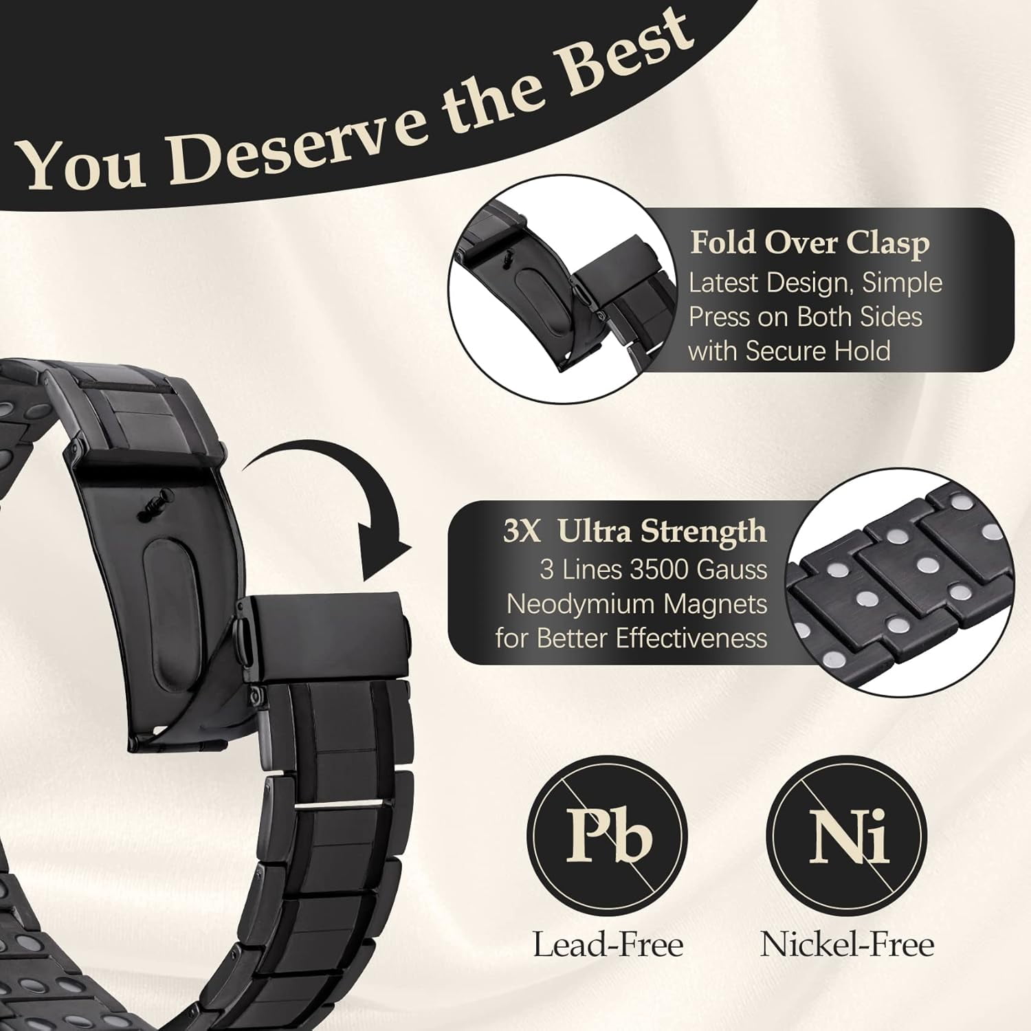 Wollet 3X Pure Titanium Magnetic Bracelets for Men with Folding Clasp (Black)