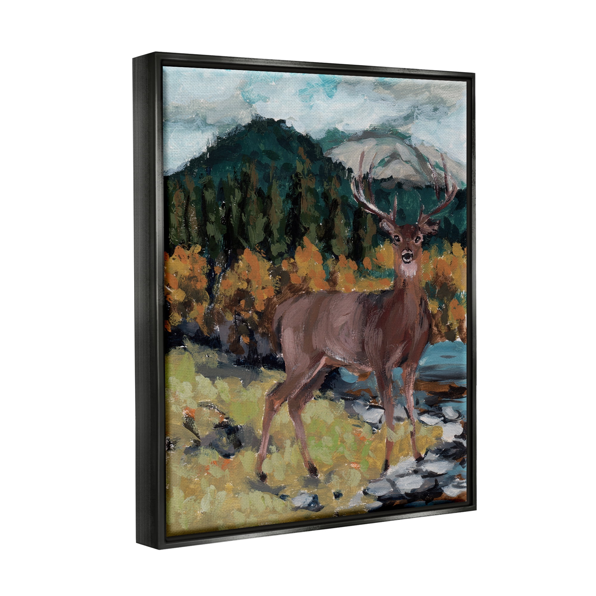 Stupell Deer Wildlife River Landscape Animals & Insects Painting Black Floater Framed Art Print Wall Art