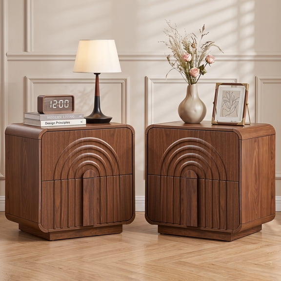 WIRRYTOR Modern Nightstands for Bedroom Set of 2, Sculptural Arched Carved Bedside Table with Round Corners, 2 Drawers Walnut Accent End Table