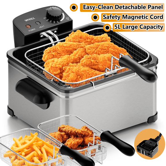 WHALL Deep Fryer with 3 Baskets, 5 L/21 Cups Oil Capacity, Temperature Control, Stainless Steel, 1700 W