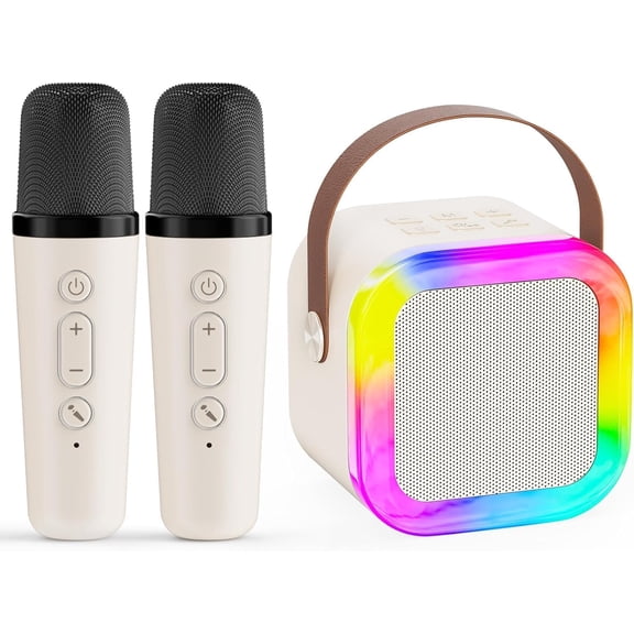 Karaoke Machine for Kids,2026 New Mini Portable Karaoke Toys, Karaoke Speaker with 2 Wireless Microphone & Light for Home Party for Adults,Beige