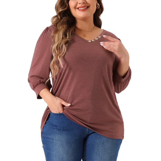 Blusa de Talla Grande para Mujeres, Camiseta Casual de Manga 3/4 con Cuello en V y Botones Decorativos, 2X Burdeos