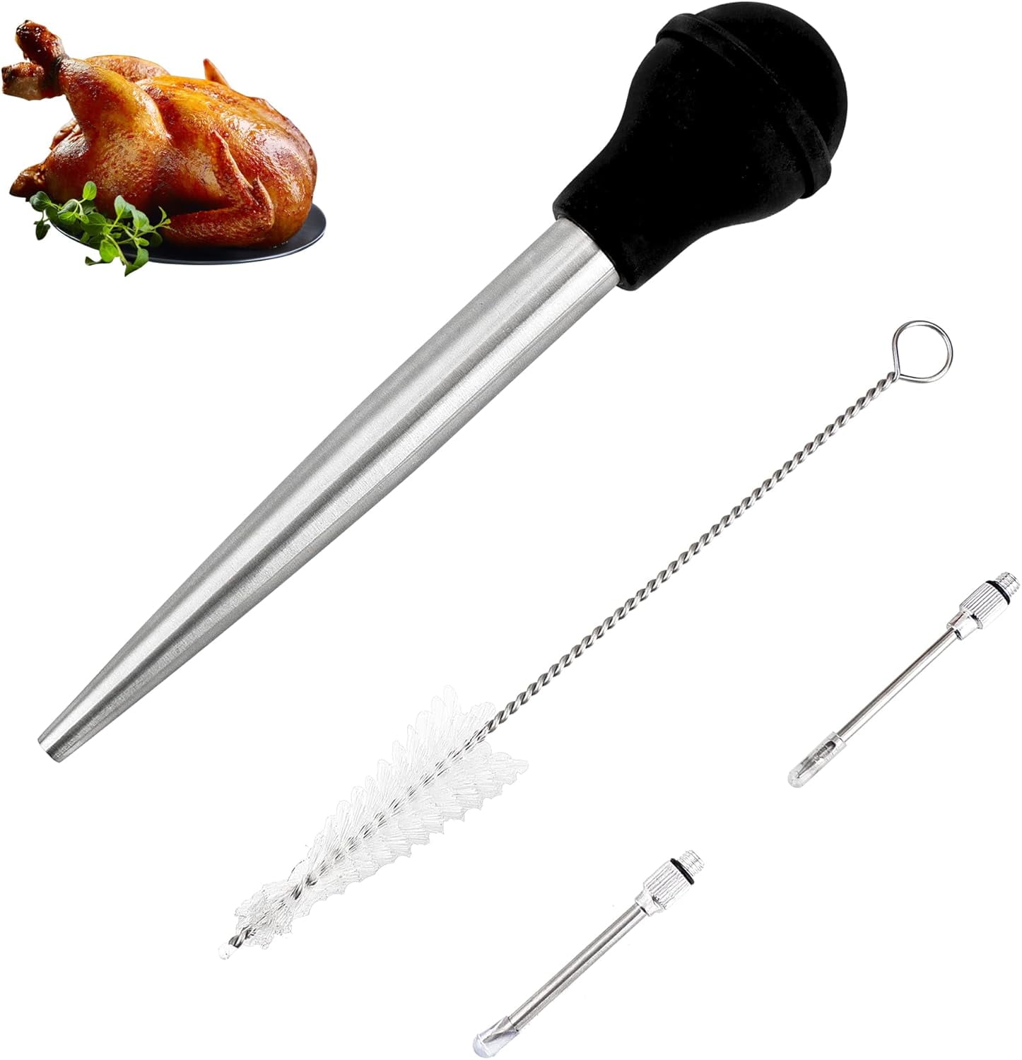 Turkey Syringe for Cooking, Large Stainless Steel Meat Injector, with Cleaning Brush and 2 Marinade Needles, Black