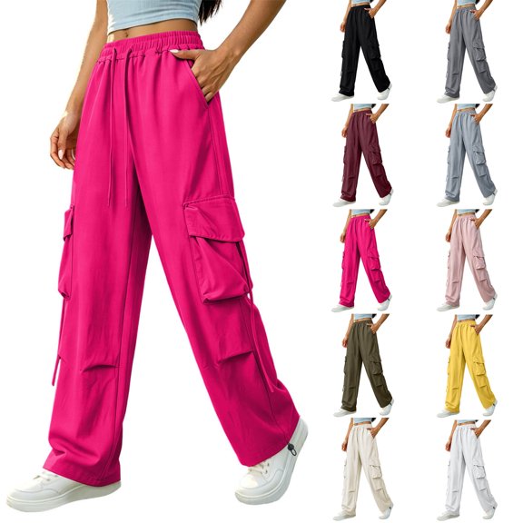 Women Cargo Pants with Multi PocketsZaewscy Womens Summer Casual Fashion Solid Color Drying Work High Waist Straight Tube Series Wide Bandwidth Wide Leg Multi Pocket Pants Hot Pink S