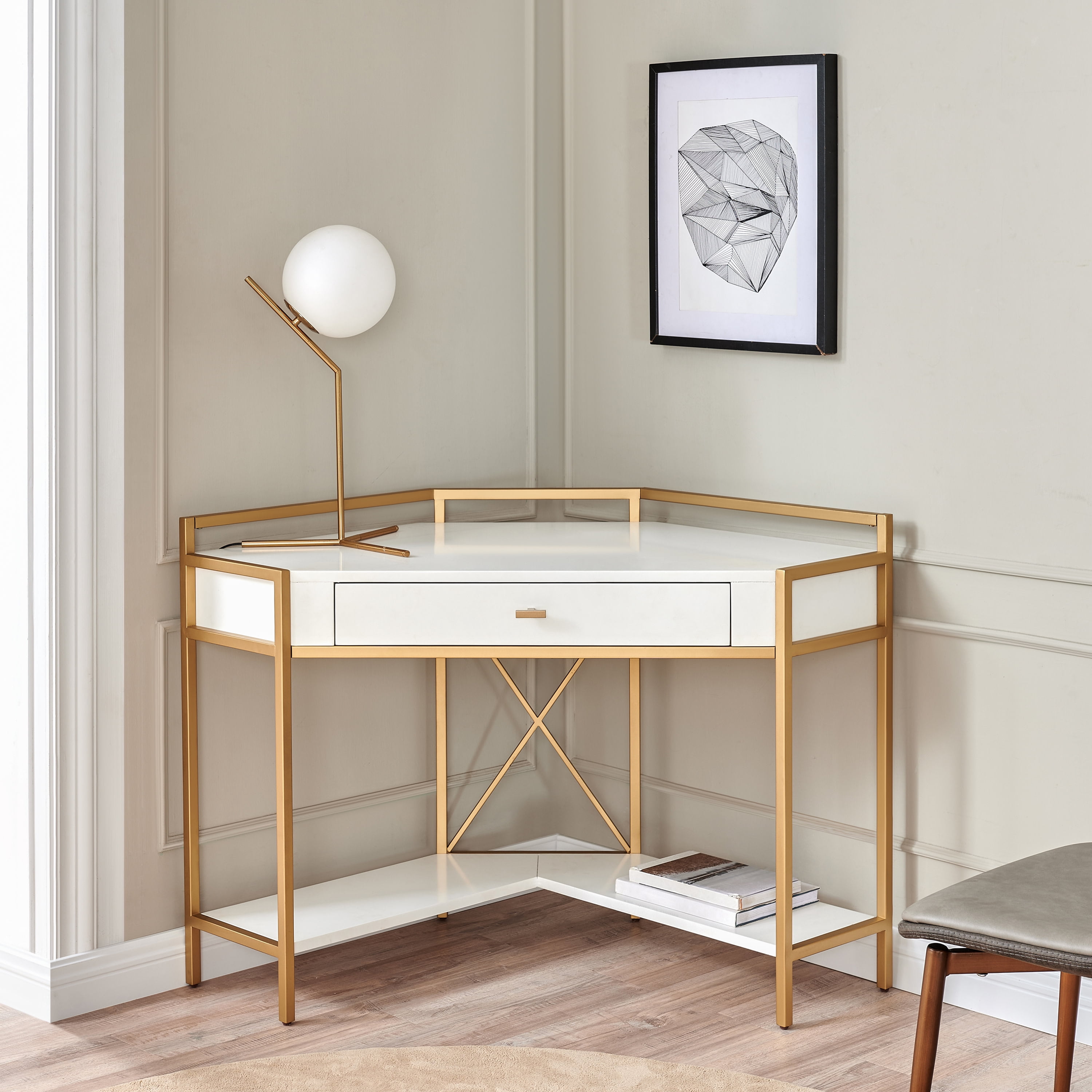 Leick Home Claudette Mixed Metal and Wood Corner Computer Desk, White/Satin Gold