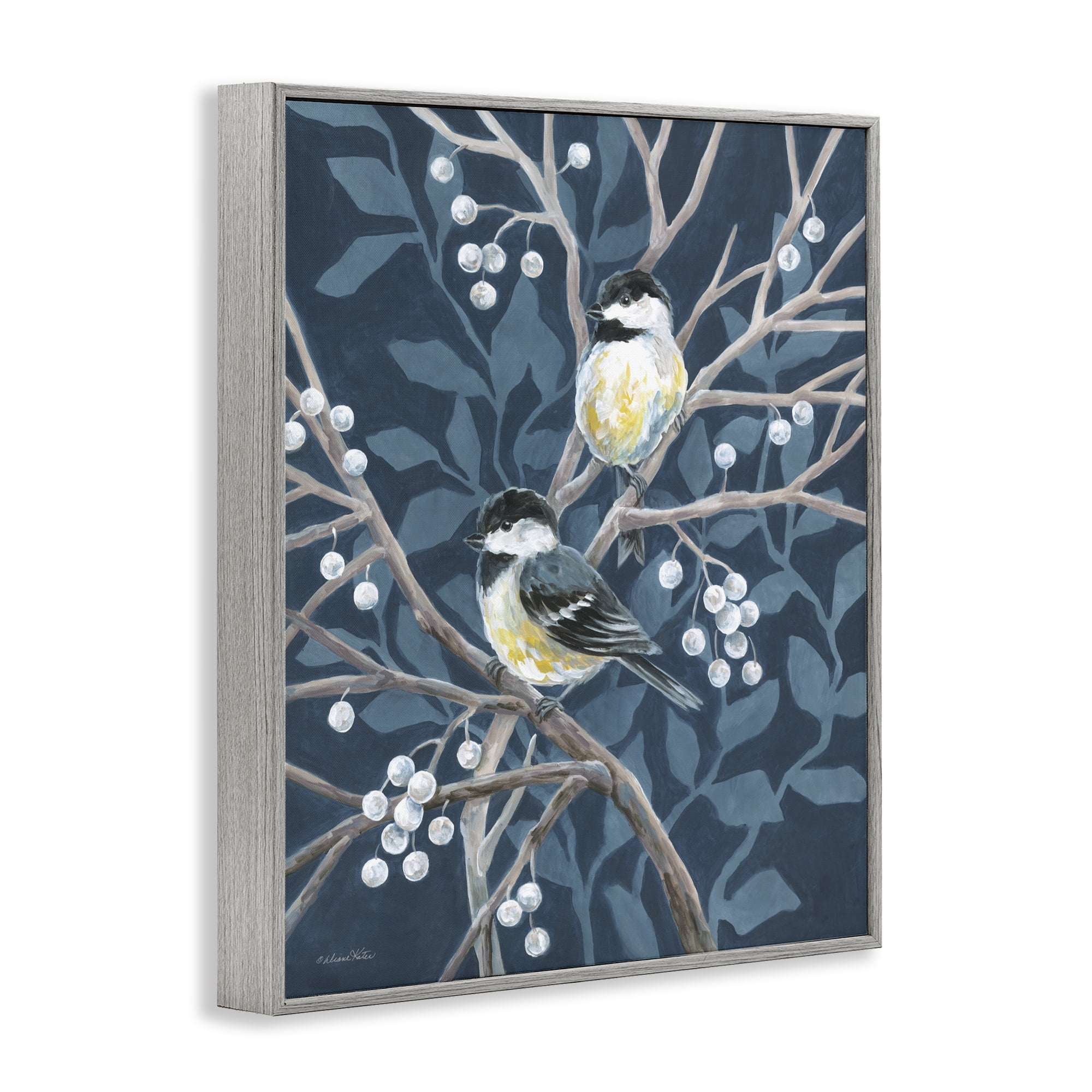 Stupell Industries Chickadees on Winter Berries Gray Framed Giclee Art, design by Diane Kater