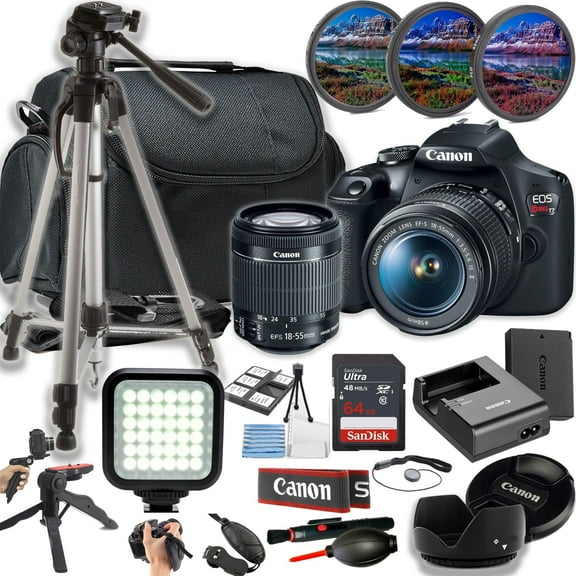 Canon EOS Rebel T7 / EOS 2000D 24MP DSLR Camera w/EF-S 18-55mm f/3.5-5.6 is II Lens   LED Light   64GB Memory   Filters   Case   Tripod   Grips   Hood, and More (24pc Bundle)