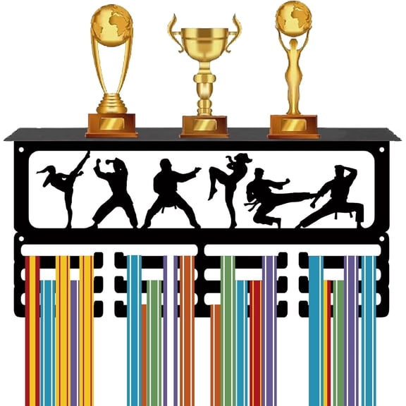Taekwondo Medal Hanger Display Trophy Shelf Holders with 12 Hooks Sports Metal Medal Rack with Shelf for Wall Mount Hanging 60 Medals Award Ribbons Organizer Race Black 15.7 x 8 x 4 Inch
