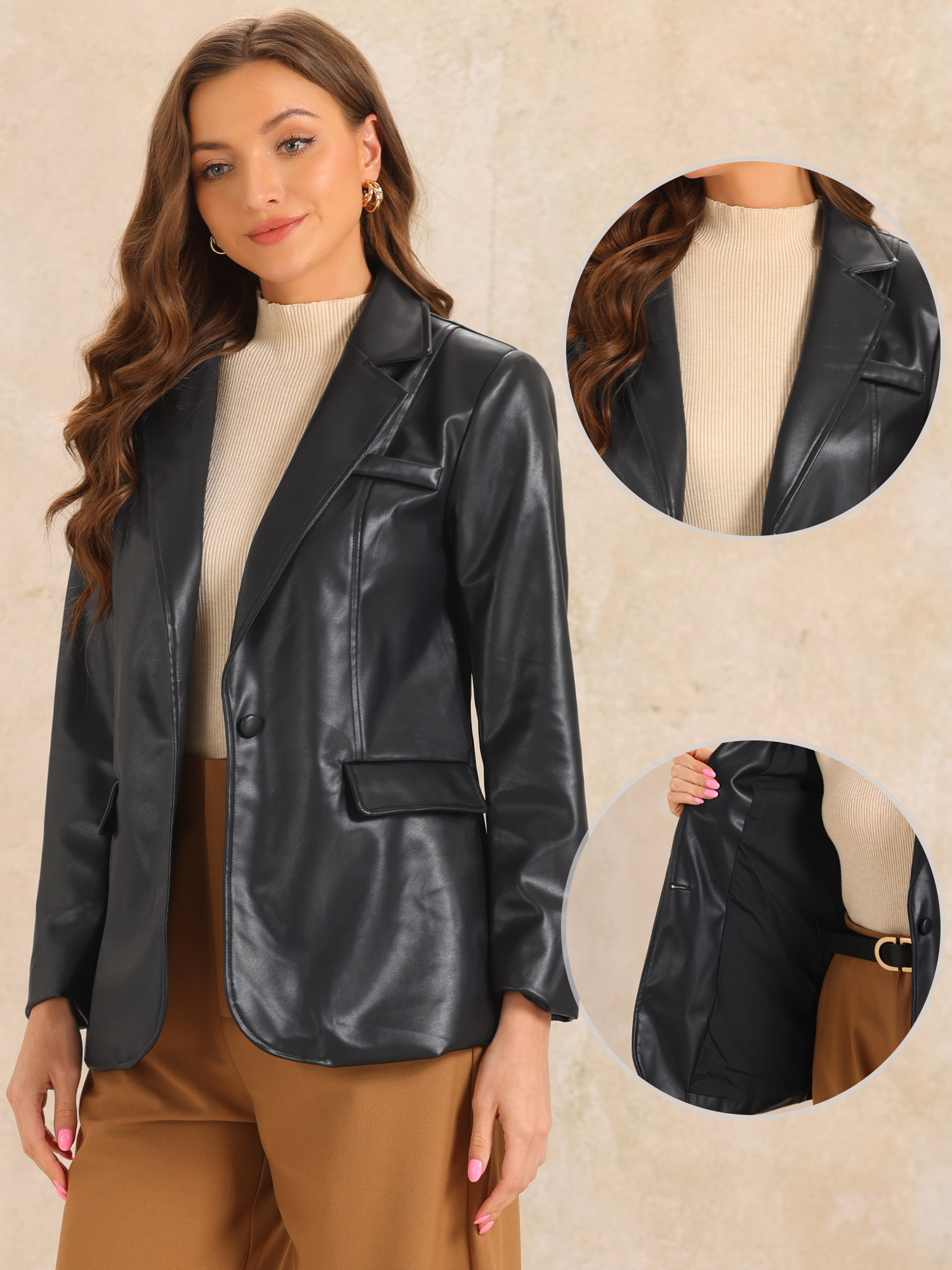 DARING DIVA Women's Faux Leather Jacket Lapel Collar PU Biker Moto Casual Oversized Blazer L Black