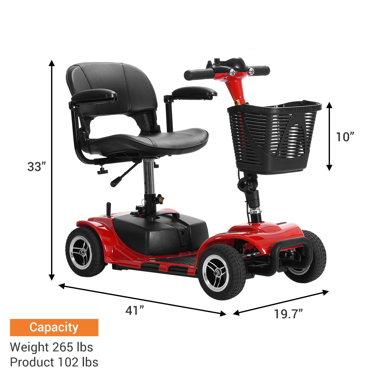 TEKAMON 4 Wheels Mobility Scooter - Portable Folding Power Electric Mobility Scooters for Seniors, Adults, Handicapped, Elderly - Range Extended Battery,Red