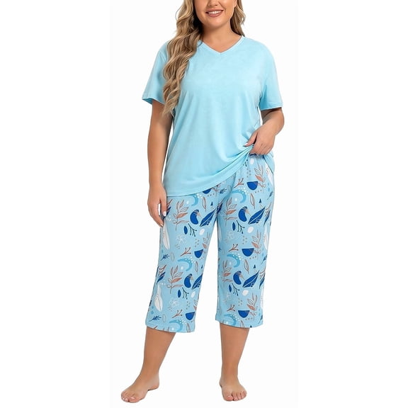 UNEEI Plus Size Pajamas Set for Women,2 Piece Loungewear Set Floral Sleepwear for Spring Summer Fall,Soft Lightweigh V Neck Short Sleeve Top and Capri Pants, 3XL Light Blue