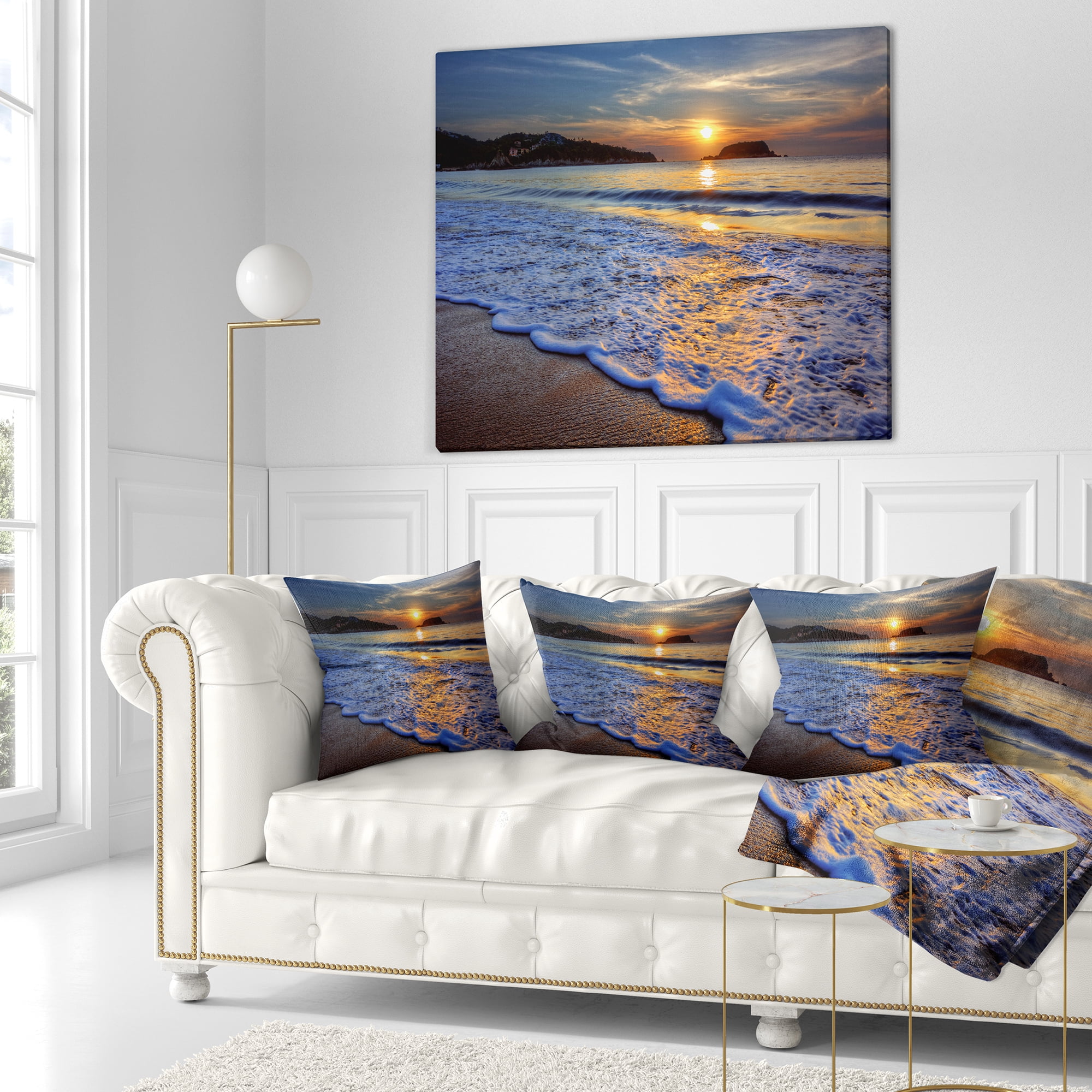 Designart Calm Seashore with Blue Waves - Seashore Throw Pillow - 16x16