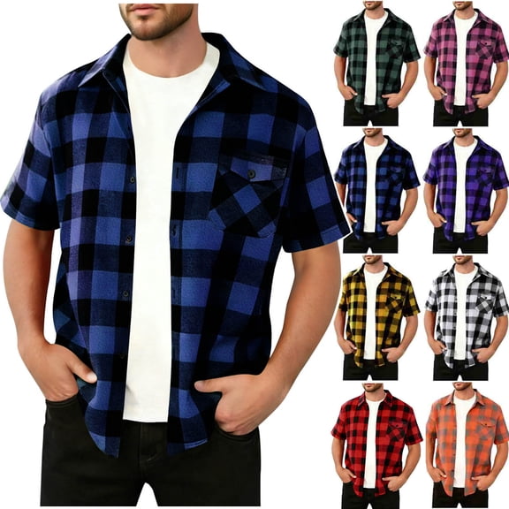 Wiicoznt Flannel Shirts for Men, Plaid Print Button Up Lapel Shirt with Pocket, Casual Lightweight Short Sleeve Tops for Summer,S-3XL