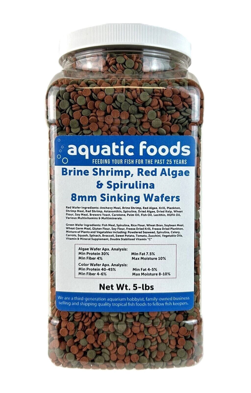 8mm - 1/3" Brine Shrimp/Red Algae Color Enhancing & Spirulina/Green Algae Sinking Wafer Mix for Shrimp, Snails, Plecos, All Fish - WL 5-lbs Lg Jar