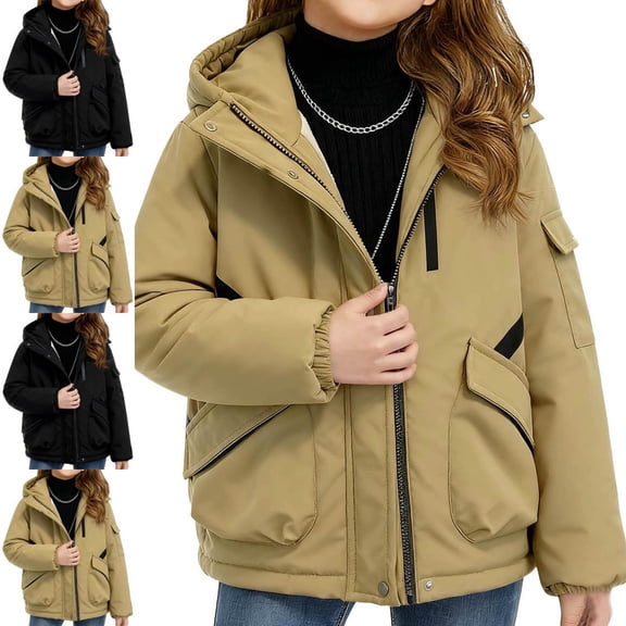 Agkizg Girls Mid Length Hooded Puffer Parka Thick Fleece Lined Winter Jacket with Pockets Solid Color Warm Outerwear