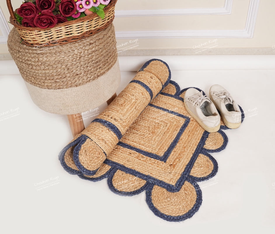 Rectangle Rug Natural Jute Rug Hand Braided Beige and Navy Blue Color Area Rug