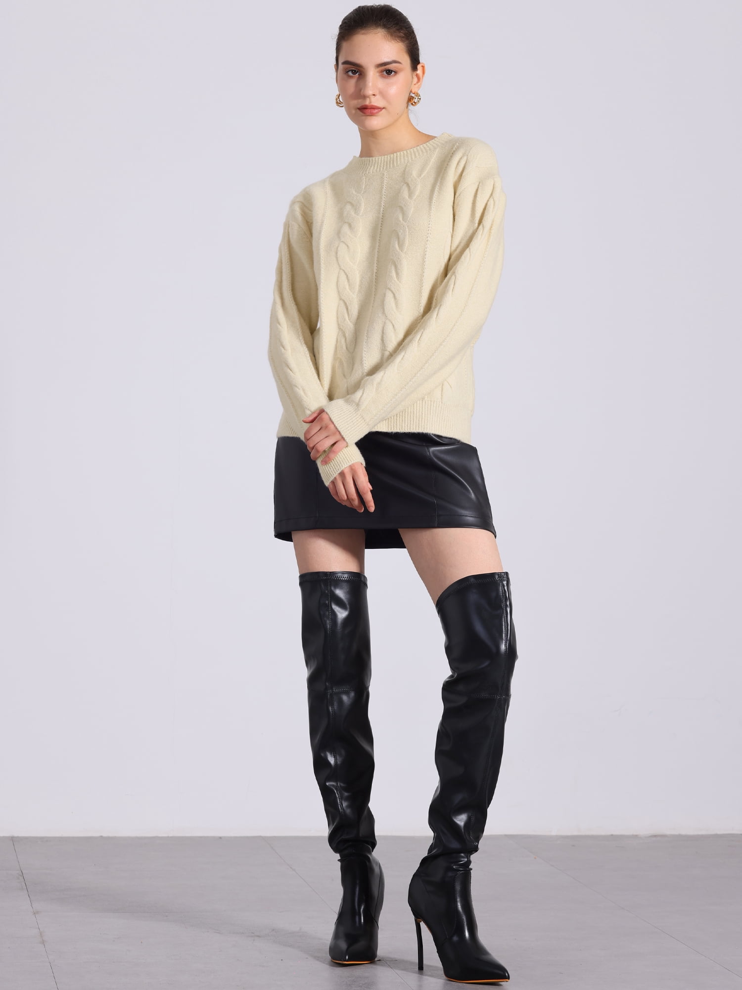 DARING DIVA Long Sleeve Pullover Tops Knit Crew Neck Sweater XL Beige