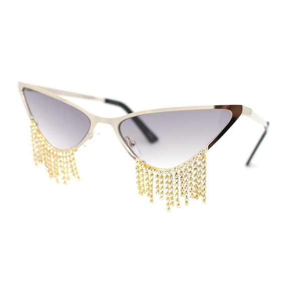 Womens Luxury Rhinstone Tassel Diva Metal Rim Cat Eye Sunglasses Gold - Smoke